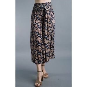 Tempo Paris Floral Smocked Belted Waist Wide Leg Palazzo Pants